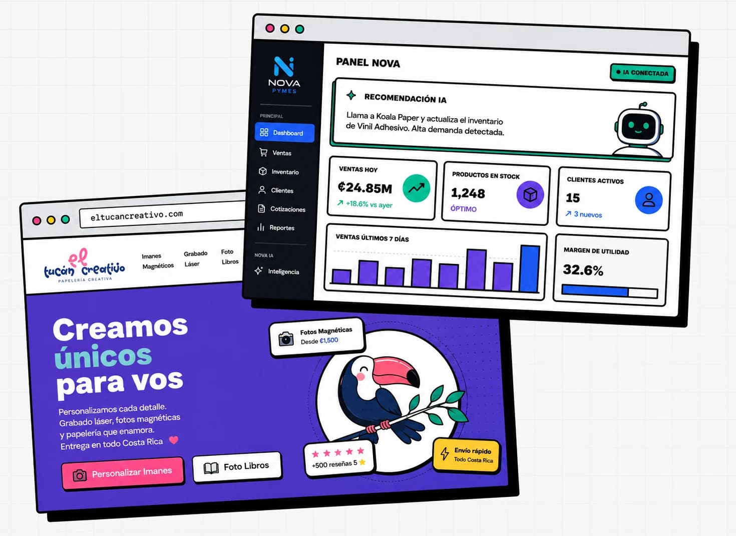 El sitio web de El Tucan Creativo junto al Panel NOVA, con ventas del dia, productos en stock, clientes activos y una recomendacion generada por la IA